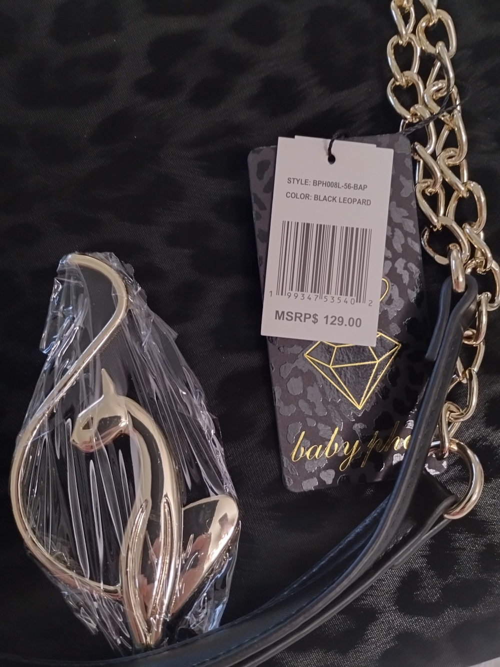 Large Baby Phat Black Leopard Crossbody Bag with Gold Cat Accent